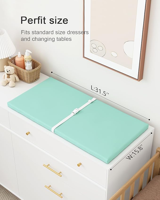 Wipeable Baby Changing Pad for Dresser and Table, Cozy Diaper Changing Pad with Waterproof & Wipe-Clean Leather Cover, Standard Size (31.5" L x 15.8" W), Green