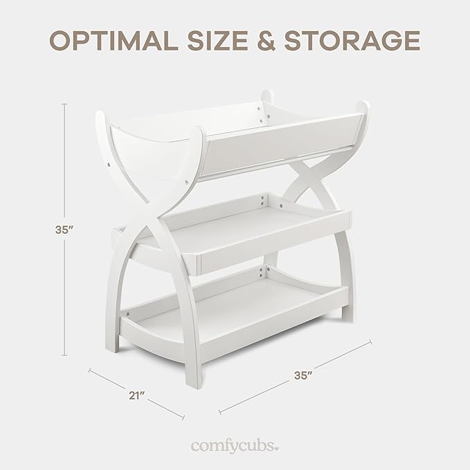 Comfy Cubs Baby Changing Table - Sturdy Wood Construction, Timeless Look Baby Change Table with Two Open Shelves for Infant Daycare Essentials Storage - White