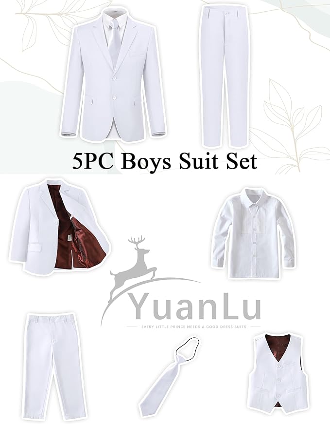 YuanLu Boys Suit for Kids Tuxedo Wedding Ring Bearer Outfit, 5 Piece Boy Slim Fit Formal Suits with Adjustable Waist