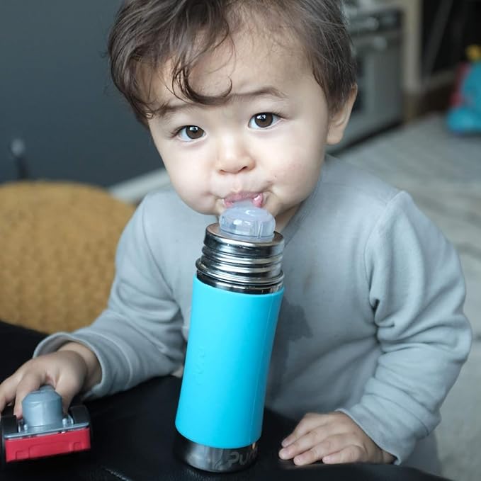 Pura Kiki 11oz/325ml Stainless Steel Straw Bottle w/Sleeve - 100% Plastic-Free, MadeSafe Certified, 100% Medical-Grade Silicone Straw for Kids, Toddlers, Preschoolers, & Infant - New Aqua Swirl