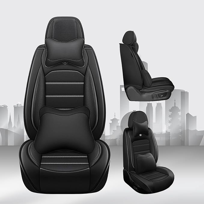 JOJ Car Seat Cover Fit for Toyota Highlander 2001-2025,7 Seat Car Seat Cover,No-Slip Waterproof Breathable Faux Leather Automotive Seat Covers Auto Interior Covers,Full Set with Pillow,Black