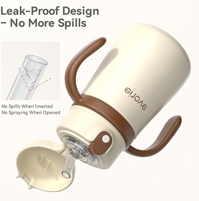 Evorie Leak Proof Vacuum Insulated Water Bottle, 316L Stainless Steel Sippy Cup for Toddlers, 11 oz Straw Cup with Handle & Adjustable Strap, Keeps Drinks Warm or Cold (1 Pack, White)