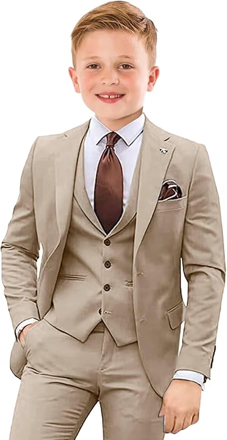 Boys Suit 4 Piece Slim Fit Kids Tuxedo Suit Formal Wedding Outfit Blazer Vest Pants Set with Tie
