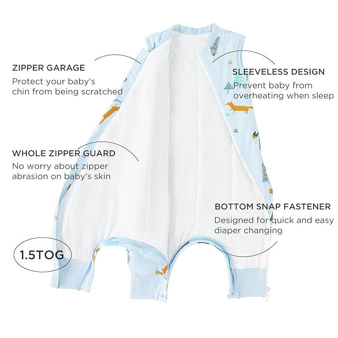 Duomiaomiao 1.5 TOG Toddler Sleep Sack 24-36 Months 100% Cotton Four Season Side Open Zipper Baby Sleep Sack with Feet, Breathable Toddler Wearable Blanket