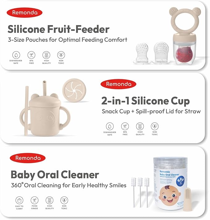 Remonda 23-Piece BPA-Free Silicone Baby Feeding Set | Extra Large Suction Plates, Toddler Bowls, Self Feeding Spoons, and More | Dishwasher Safe| Baby Led Weaning Supplies (Beige)
