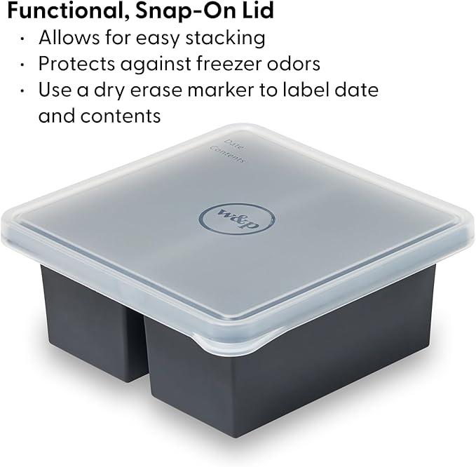 W&P Cup Cubes Silicone Freezer Tray with Lid, Charcoal, Makes 2 Perfect 2-Cup Portions, Freeze & Store Soup, Broth, Sauce, Leftovers, Dishwasher Safe
