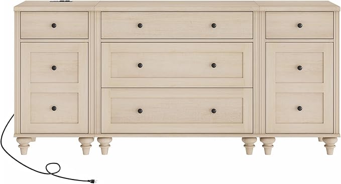 WAMPAT Dresser for Kids Bedroom with 5 Drawers and 2 Storage Cabinet, Nightstands with Charging Station, Mid Century Modern Baby Dressers with Wide Chest of Drawers for Nursery, Beige, 67 inch