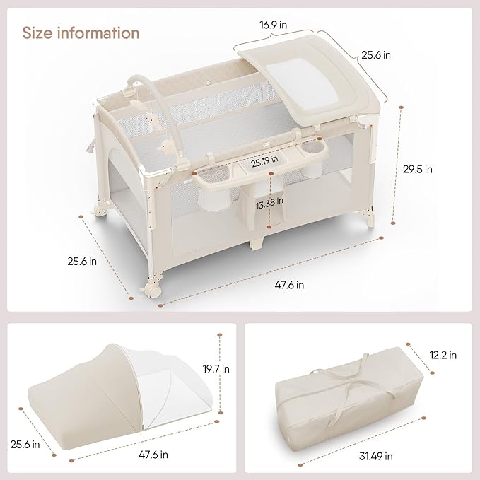 4 in 1 Baby Bassinet, Pack and Play, Bedside Crib Sleeper, Diaper Changer - Comes with Mattress, Mosquito Net, Bottom Storage and Toy Bar for Newborn to Toddles