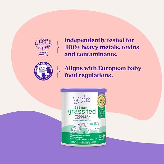 Bubs 365 Grass Fed Toddler Nutritional Drink, Non-GMO Whole Milk-Based Formula, for Kids 12-36 Months, 20 oz