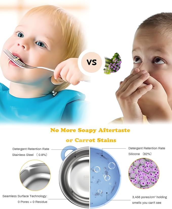 Toddler Feeding Suction Bowls and Utensils Set, 2-in-1 Stainless Steel 304 Kids Bowl & Silicone Suction Baby Bowl with Spoons and Forks, First Self-feeding Training Set, Ocean Explorer