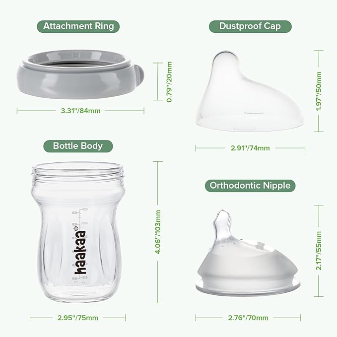haakaa Gen.3 Natural Glass Baby Bottle 6.3 oz.180ml - Wide Neck, Anti-Colic Varibale Flow Nipple for 6m+ Breastfed Babies, Newborn Registry Essentials,BPA-Free -1 PK