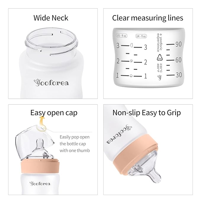 Yooforea Silicone Coated Glass Baby Bottle, 0M+ Slow Flow Nipple I Anti-Colic, Wide Neck, Stable Base I Medical-Grade Silicone Coating for Shatter Protection, BPA BPS PVC Free (2 Pack, 3 Ounce-Honey)