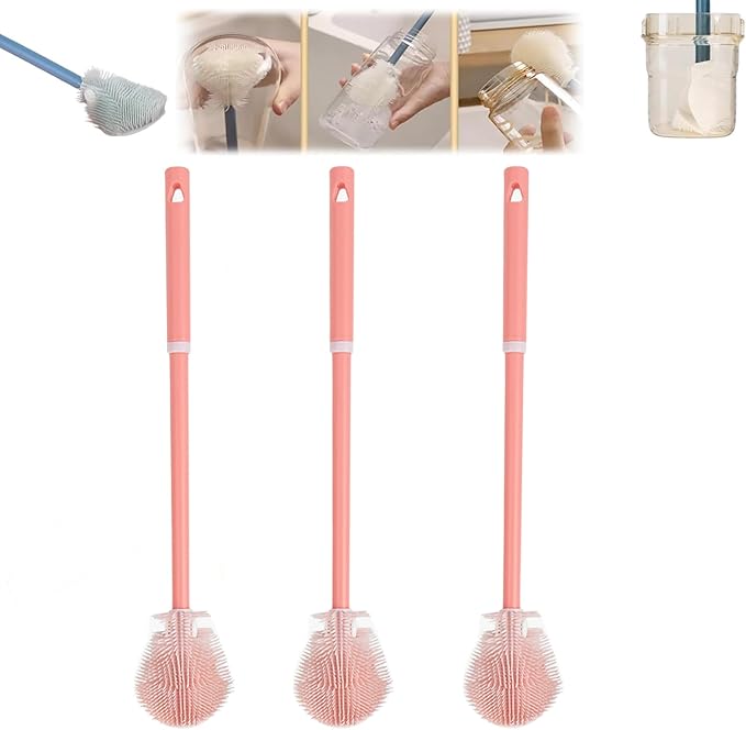 3Pcs 360° Flexible Silicone Bottle Brush with Long Handle Multifunction Flexible, Deep Cleaning for Narrow Neck Bottles, Baby Bottles, Water Bottles (Cherry Pink)