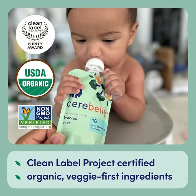 Cerebelly Organic Baby Food Pouches, Broccoli Pear Purees, 16 Nutrients, No Added Sugar, Fiber & Non-GMO, 4oz, 6 Pack