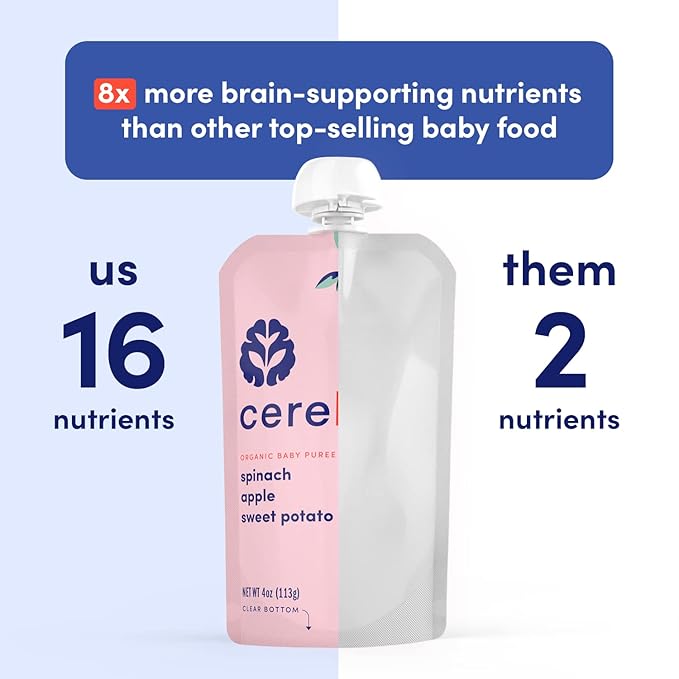 Cerebelly Organic Baby Food Pouches, Spinach Apple Sweet Potato Purees, 16 Nutrients, No Added Sugar, Fiber & Non-GMO, 4oz, 6 Pack