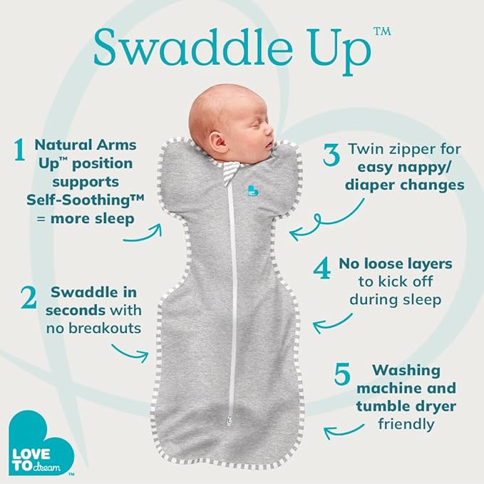Love to Dream Swaddle UP, Gray, Newborn, 5-8.5 lbs., Dramatically Better Sleep, Allow Baby to Sleep in Their Preferred arms up Position for self-Soothing, snug fit Calms Startle Reflex