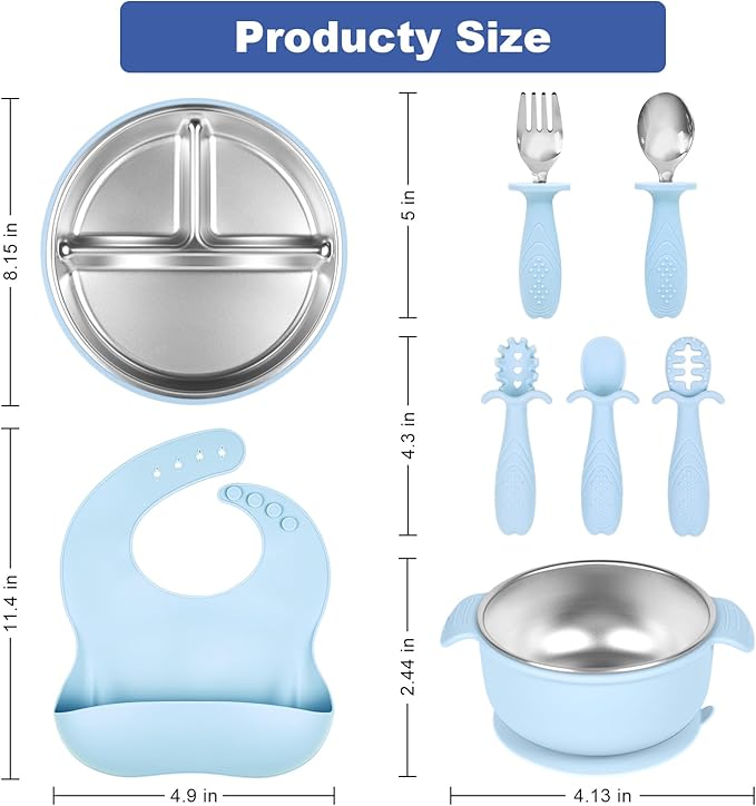 Stainless Steel Kids Plates And Bowls with Suction, Divided Baby Plate And Kid Bowl With Removable, Silicone Baby Plate Feeding Set, Non Toxic & BPA Free (Blue)