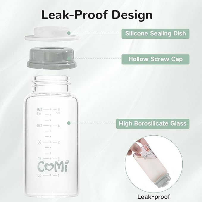 COMI Natural Glass Baby Bottle,Standard Neck Breastmilk Storage Bottle for Fridge,Breast Milk Container,Breast Pump Bottle Compatible with Medela Breast Pump,BPA Free,4PCS(5.1oz,4 Gray Lids)