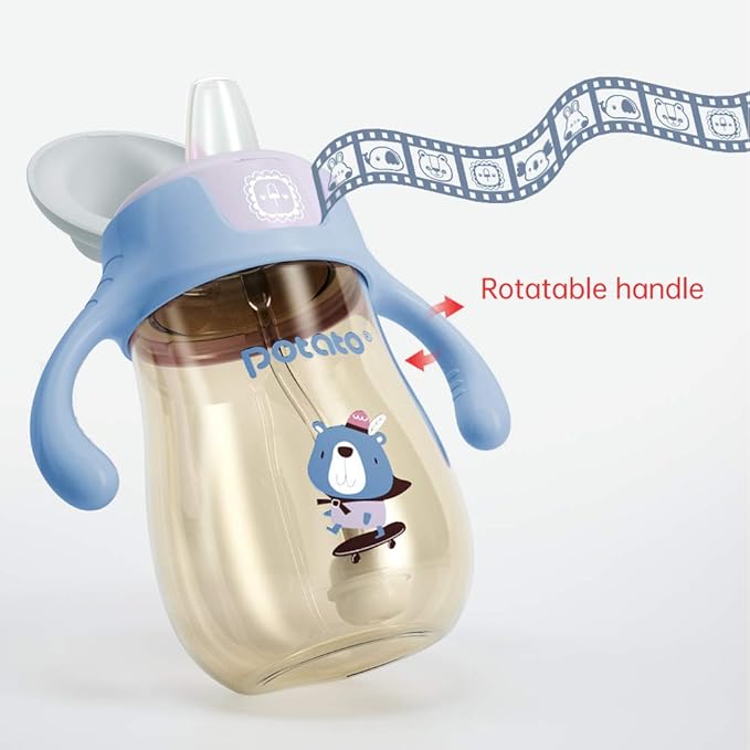 POTATO Sippy Cups For Toddlers with Straw Spill Proof, PPSU Learner Cup with Handle for Boy, Water Bottle for Baby 6 Months with 2 Type of Spout, 6 Ounce Blue