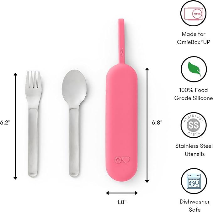 Omie OmieBox Travel Utensil Set | Fork and Spoon with Case for Easy Travel | Stainless Steel Fork and Spoon | Pink