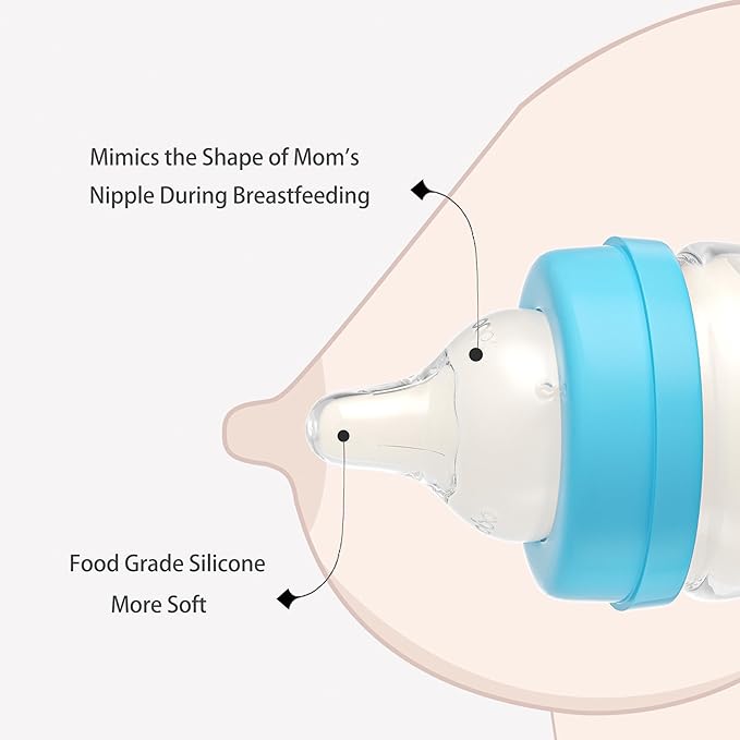 YOHKOH Glass Baby Bottles with Slow Flow Nipple, Newborn Anti-Colic Baby Bottles for 0+ Months, Wide Neck Feeding Bottle, Clear (Blue, 2.7oz (Pack of 2))