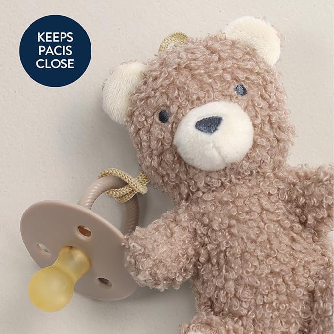 Itzy Ritzy Pacifier & Lovey Set - Natural Rubber Paci with Stuffed Animal Lovey - Detachable Plush Bear Pacifier Holder & Coordinating Natural Rubber Soother, Ideal for Ages 0-6 Months (Bear)