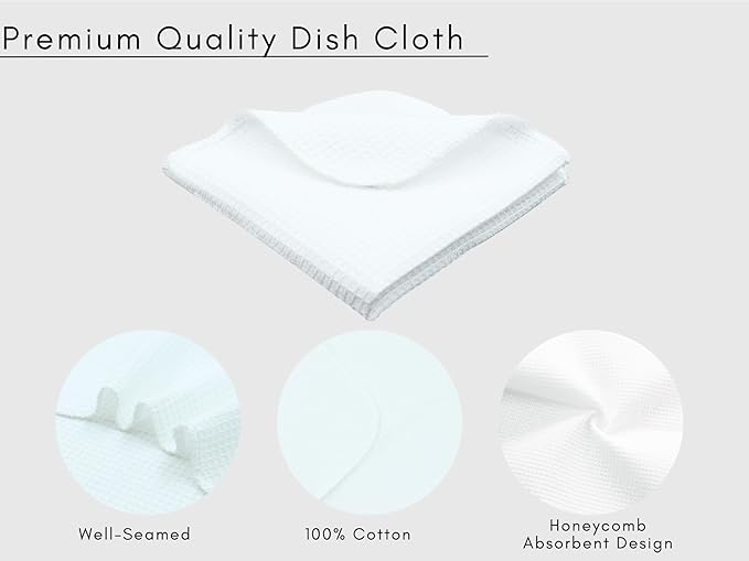 PurpleEssences Dish Cloths and Dish Rags - 6 Pack Waffle Weave Solid Kitchen Dish Wash Cloths, 100% Cotton, 12 x 12 Inches, Ultra Soft Absorbent Quick Drying - Fall Thanksgiving - White