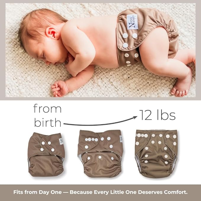 Nora's Nursery Newborn All-in-One Cloth Diaper 14-Pack with Diaper Pod for Clean Storage - Waterproof, Washable, Reusable, and Adjustable for Babies Under 12lbs - Evergreen