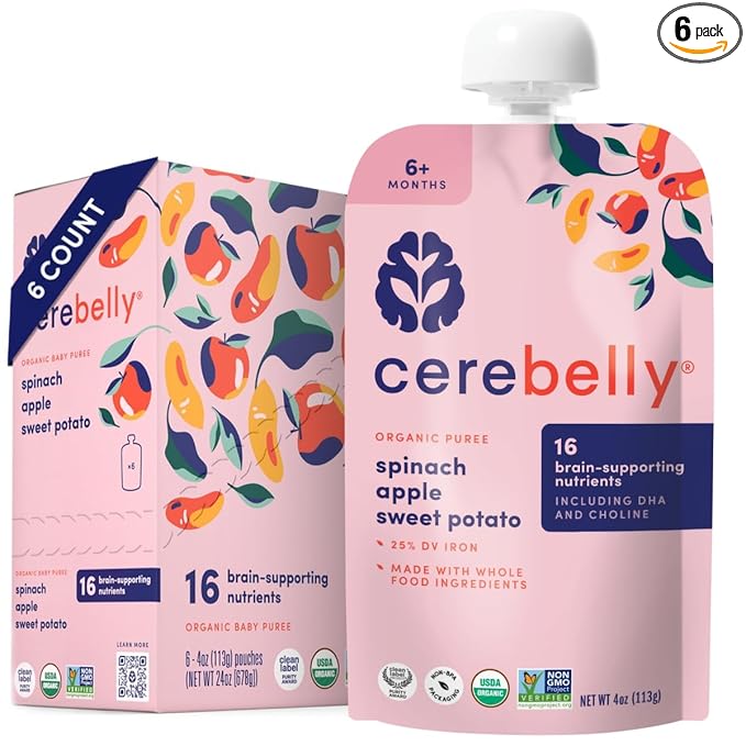 Cerebelly Organic Baby Food Pouches, Spinach Apple Sweet Potato Purees, 16 Nutrients, No Added Sugar, Fiber & Non-GMO, 4oz, 6 Pack