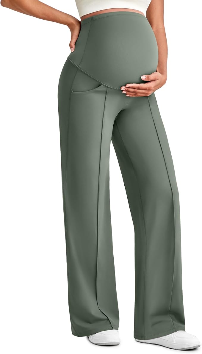 G4Free Maternity Dress Yoga Pants with Pockets Over The Belly Stretchy Work Slack Pregnancy Wide Leg Lounge Trousers