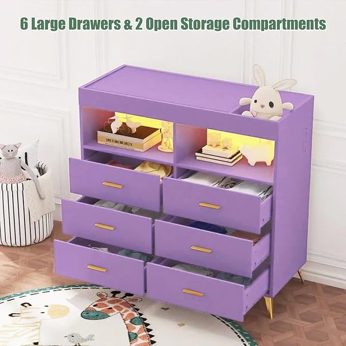 Changing Table Dresser with Drawers, Baby Dresser with Changing Table Top, Power Outlet, LED Light & Metal Feet, Diaper Changing Station Nursery Organizer for Infants Newborn (Purple)
