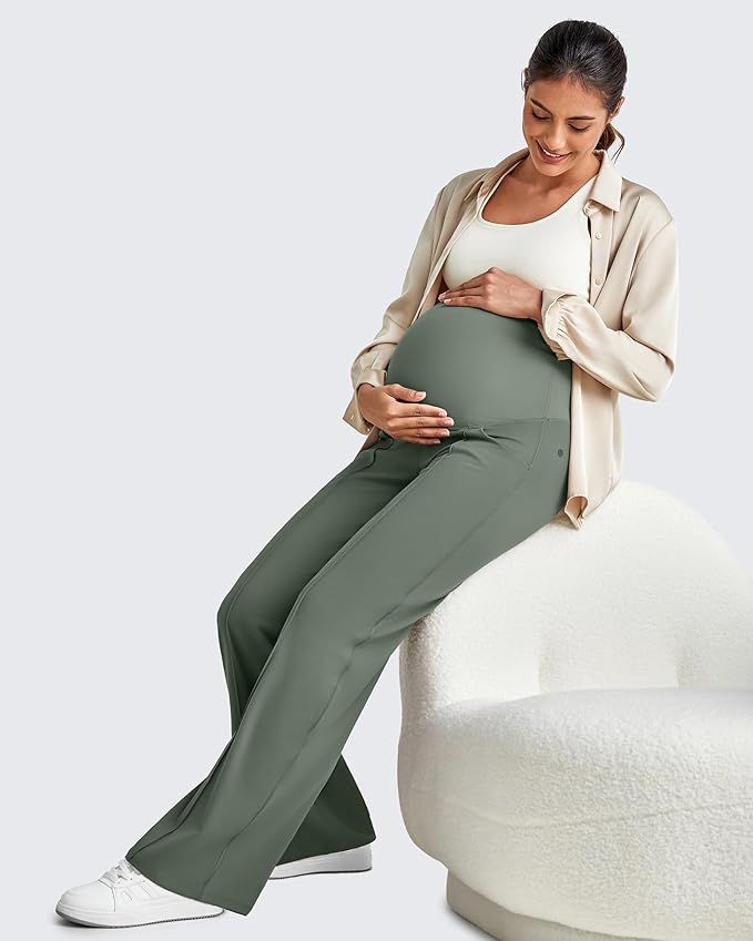G4Free Maternity Dress Yoga Pants with Pockets Over The Belly Stretchy Work Slack Pregnancy Wide Leg Lounge Trousers