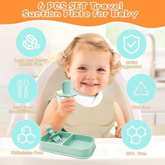 Travel Silicone Baby Feeding Set, 6 In 1 Portable Plates Spill Proof with Suction, Silicone Baby Spoon & Fork, Lightweight Foldable Baby Bib for Toddler with Waterproof Storage Bag - Green