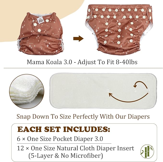 Mama Koala 3.0 Cloth Diapers for Babies with AWJ Lining, 6 Pack with 12 5-Layer Bboo(No Microfiber) Cloth Diaper Inserts - Reusable and Washable Pocket Diapers(12-My Warm Heart)