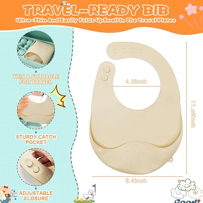 Travel Silicone Baby Feeding Set, 6 In 1 Portable Plates Spill Proof with Suction, Silicone Baby Spoon & Fork, Lightweight Foldable Baby Bib for Toddler with Waterproof Storage Bag - Green