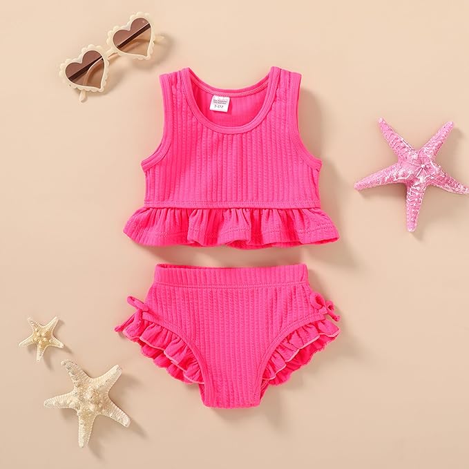 HAPPYMA Baby Swimsuit Toddler Girl Bathing Suit Summer Solid Color Bikini Set Beach Two Piece Swim Wear