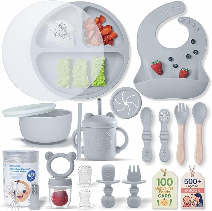 Remonda 23-Piece BPA-Free Silicone Baby Feeding Set | Extra Large Suction Plates, Toddler Bowls, Self Feeding Spoons, and More | Dishwasher Safe| Baby Led Weaning Supplies（Grey）