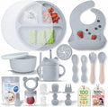 Remonda 23-Piece BPA-Free Silicone Baby Feeding Set | Extra Large Suction Plates, Toddler Bowls, Self Feeding Spoons, and More | Dishwasher Safe| Baby Led Weaning Supplies（Grey）