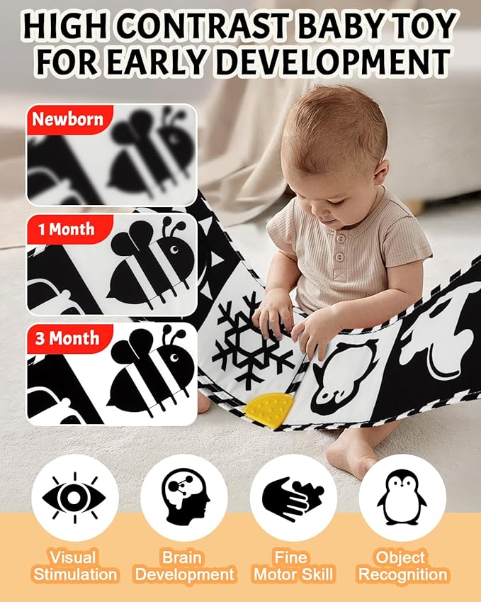 High Contrast Baby Toys, Black and White Newborn Toys for Brain Development, Soft Baby Books, Infant Sensory 0-6-12 Months, Tummy Time Toy, Visual Stimulation Montessori Gift