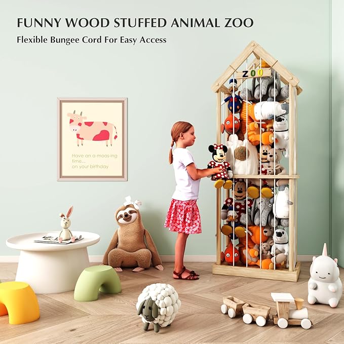 Stuffed Animal Storage Stuffed Animal Zoo Wood Soft Toy Organizer Plush Toy Holder Nursery Room Organizer Zoo Cage Stuffed Animal Holder with Zoo Pattern Gift for Nursery Playroom