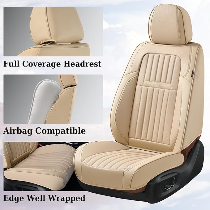 Coverado Front and Back Seat Covers for Cars, Nappa Leather Car Seat Covers, Automotive Seat Covers for Trucks, 5 Seats Waterproof Carseat Protector Car Seat Cover Beige, Universal Fit for Most Cars