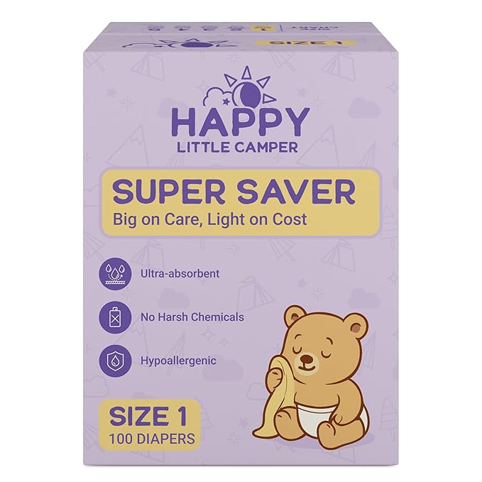 Happy Little Camper Super Saver Diapers, Size 1, 100 Count | Budget-Friendly Disposable Baby Diapers for Sensitive Skin | Hypoallergenic, Fragrance-Free, Ultra Absorbent