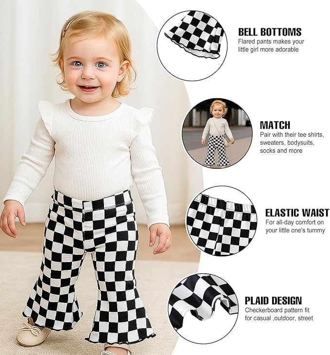 SOBOWO Checkered Baby Girl Flare Pants 3 Pack Toddler Bell Bottoms Plaid Ruffle Leggings Pants Fall Winter Outfits Size 6M-4T