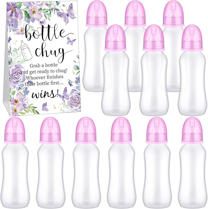 TrelaCo Cool Baby Shower Games Sets 12 Pcs Feeding Bottles with 1 Bottle Chug Sign for Gender Reveal Baby Shower Party Favors Decoration Games(Butterfly,Purple)