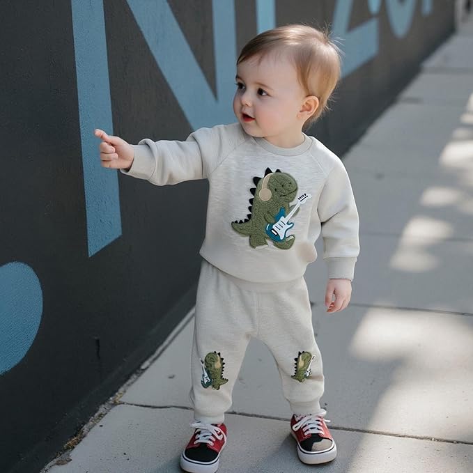 Nyapruwe Toddler Baby Boy Fall Outfit Funny Print Long Sleeve Sweatshirt Joggers Pants Set Kids Warm Winter Clothes