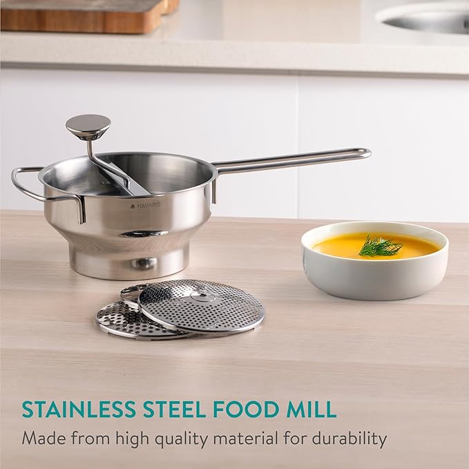 Navaris Stainless Steel Food Mill 2-Quart with 3 Grinding Discs - Rotary Food Mill to Grind & Puree Fruits, Vegetables, Tomato Sauce, Potatoes, Jams and Baby Food Dishwasher Safe