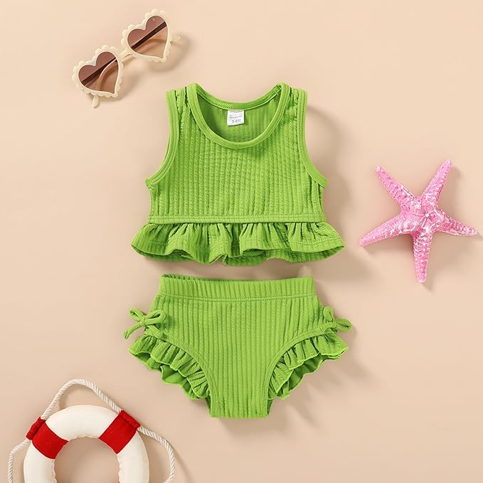 HAPPYMA Baby Swimsuit Toddler Girl Bathing Suit Summer Solid Color Bikini Set Beach Two Piece Swim Wear