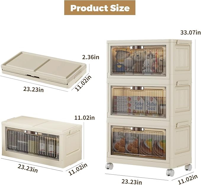 3 Tier - 48QT Storage Bins with Lids, Collapsible Storage Bins with Doors and Wheels, Plastic Storage Cabinet for Easy Storage and Organization for Living Room, Office