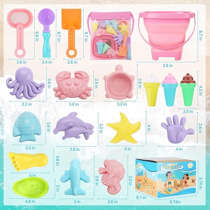 Beach Toys, Ice Cream Sand Toys for Toddlers, with Collapsible Bucket and Shovels for Kids with Bag, Travel Toys for Boys Baby Girls Age 3 4 5 6 7 8+