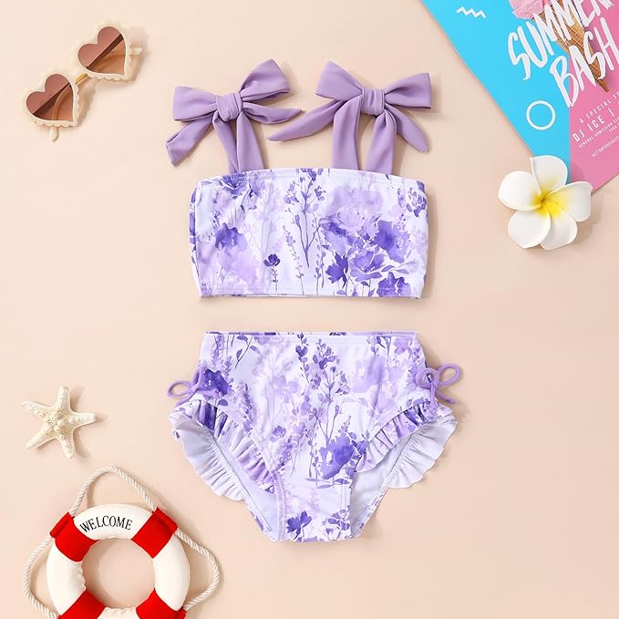 Toddler Swimsuit Girl Color Block Stripe Swimwear Baby Girl Summer Beach Bathing Suits Bikini Set with Ruffled Edges